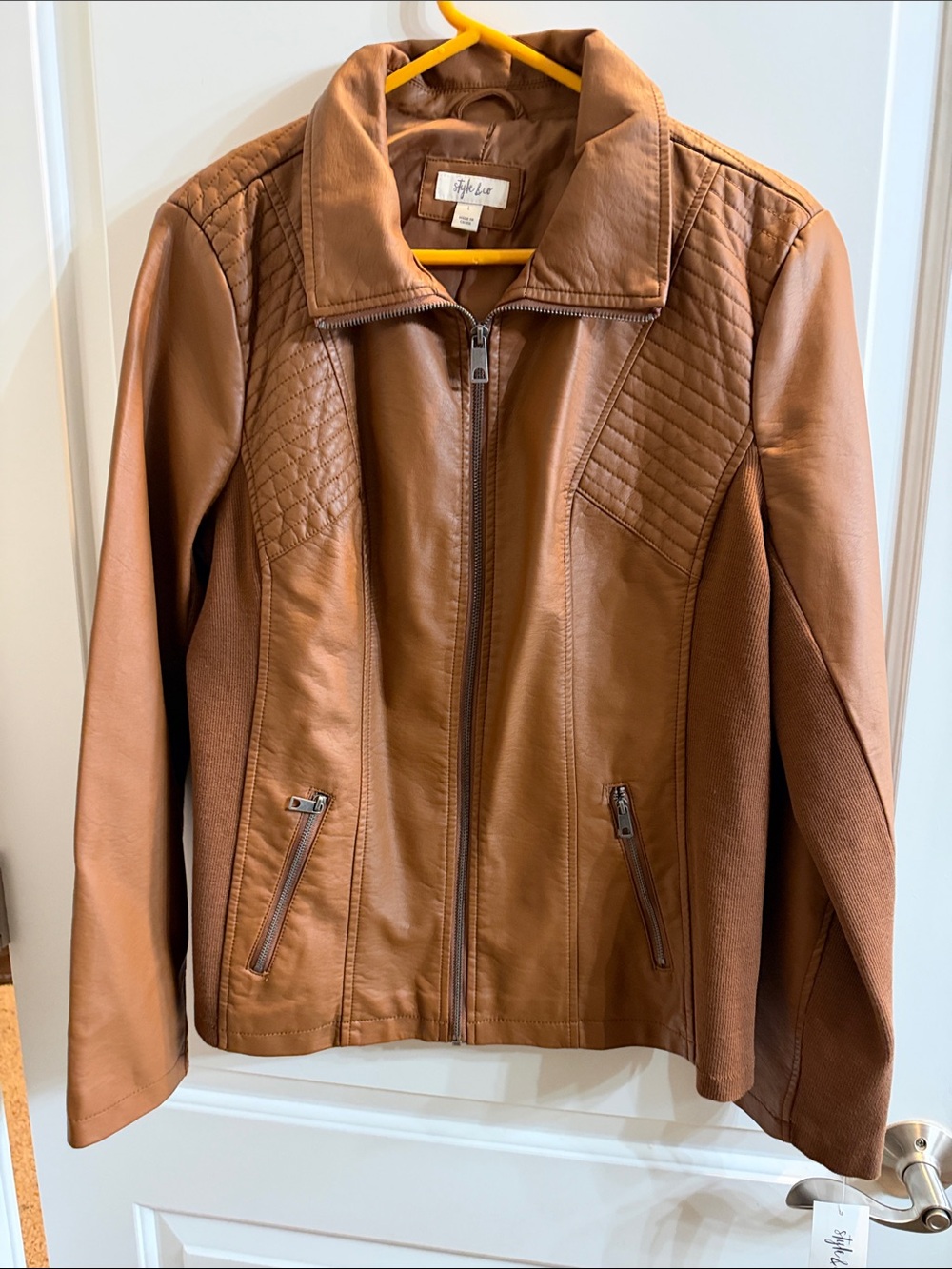 Style & Co. Brown Faux-Leather Quilted Shoulder Zip Jacket